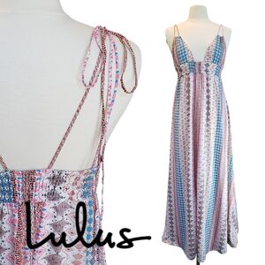 Lulus | Maxin Relaxin Sleeveless Tie-Strap Plunge Boho Print Maxi Dress | Small